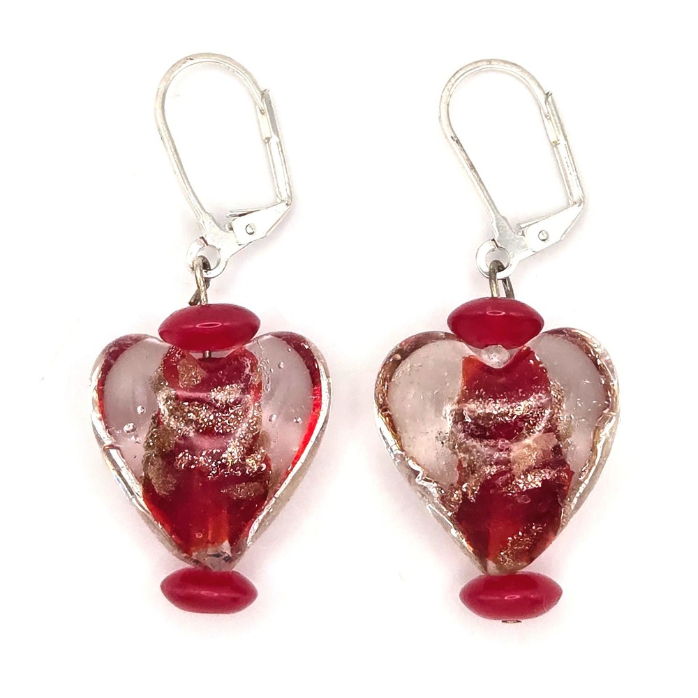 Red Heart Murano Style Glass Earrings Gold Aventurine Flecks Silver Leverback